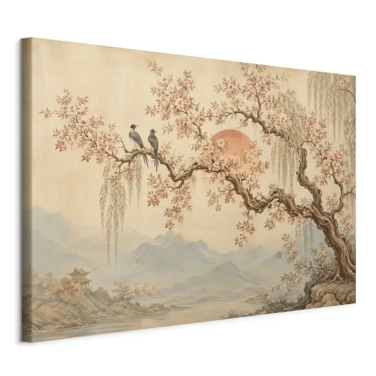 Cerisier - Paysage japonais, oiseaux sur une branche, soleil rouge