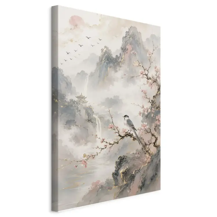 Paysage asiatique - oiseau sur une branche de cerisier, montagnes brumeuses