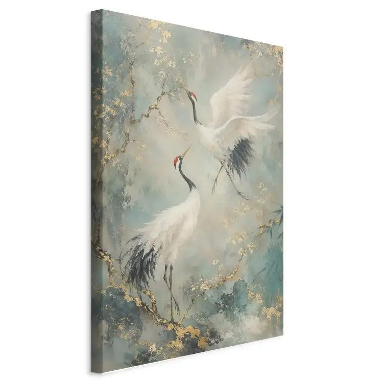 Danse des grues - Oiseaux japonais parmi les branches dorées en fleurs