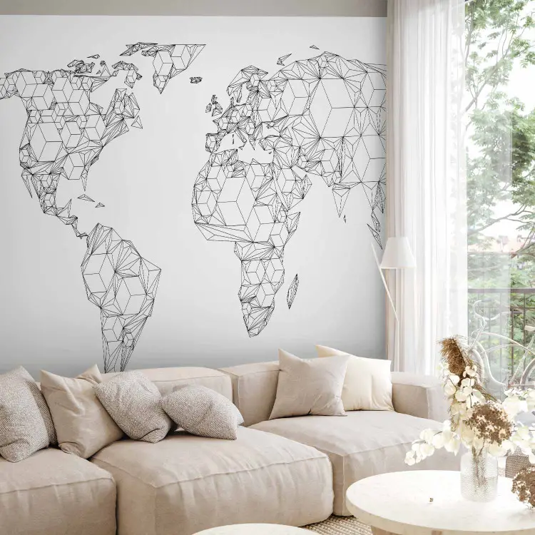 Carte du monde - formes géométriques des continents avec contours noirs sur fond blanc