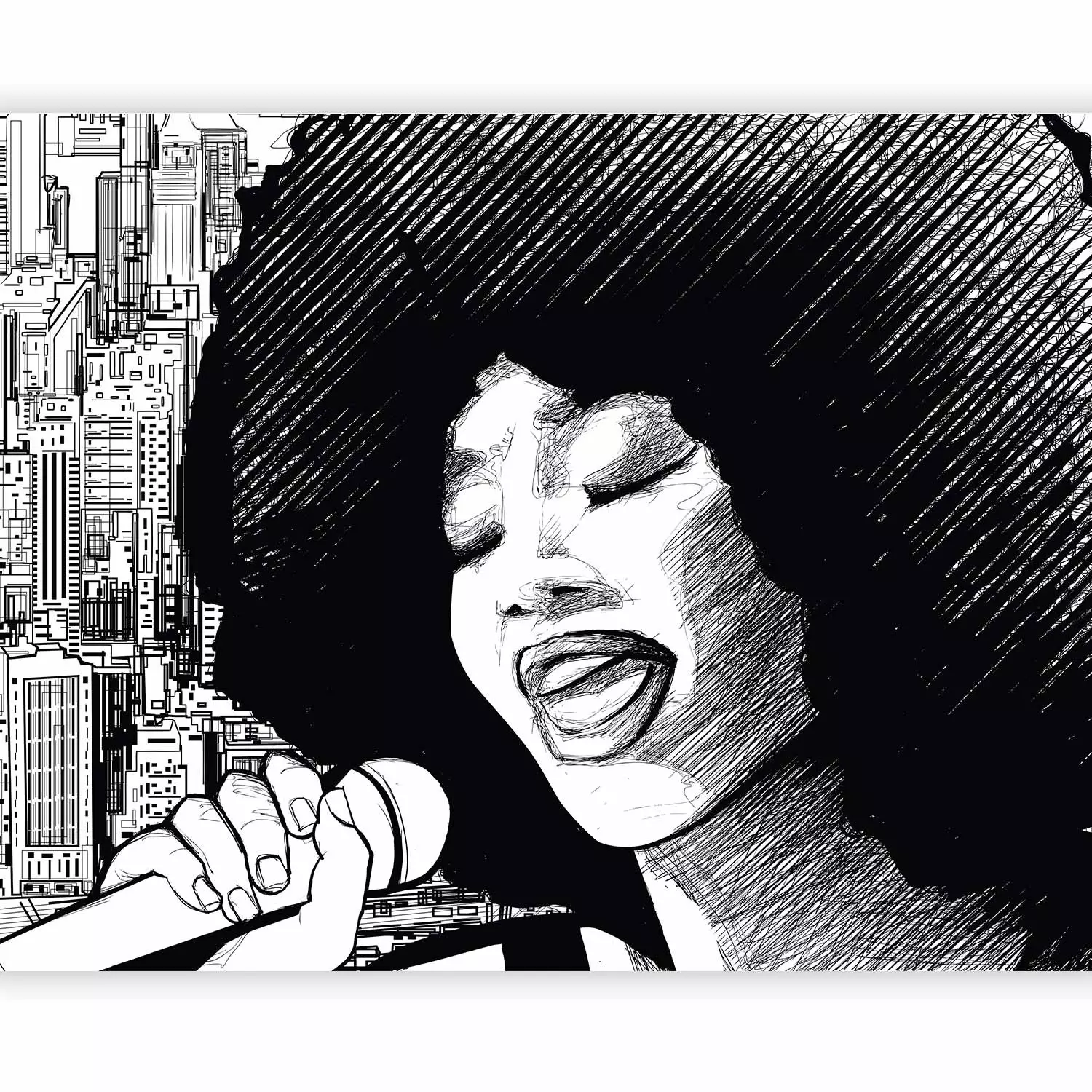 Papier peint panoramique Chanteuse de jazz femme en noir et blanc chantant sur fond de ville bimago