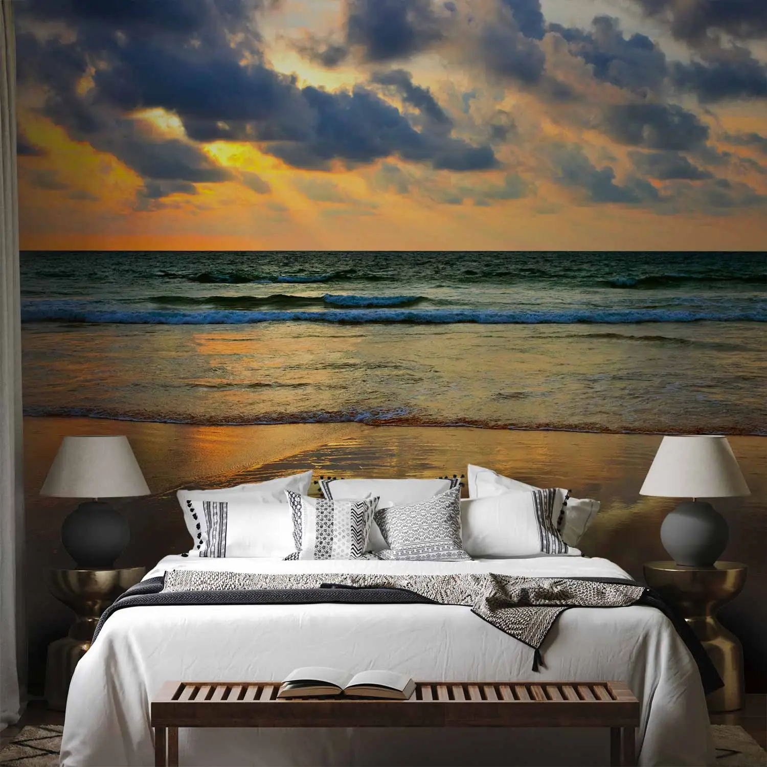 Papier Peint Panoramique Côte Et Voilier - Autocollant Mural - Coucher De Soleil