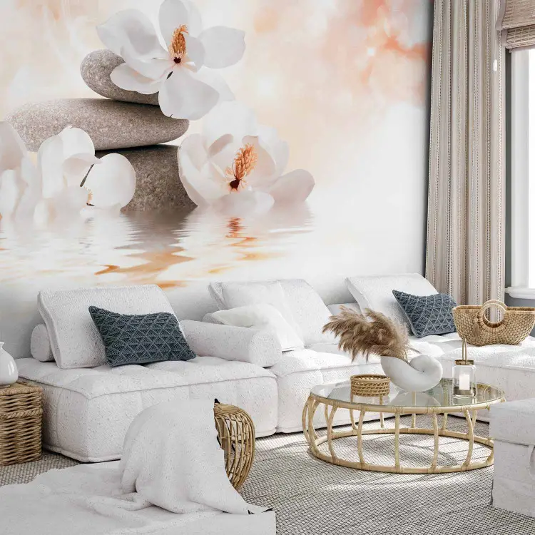 Orient - motif de magnolias avec pierres zen sur fond subtil