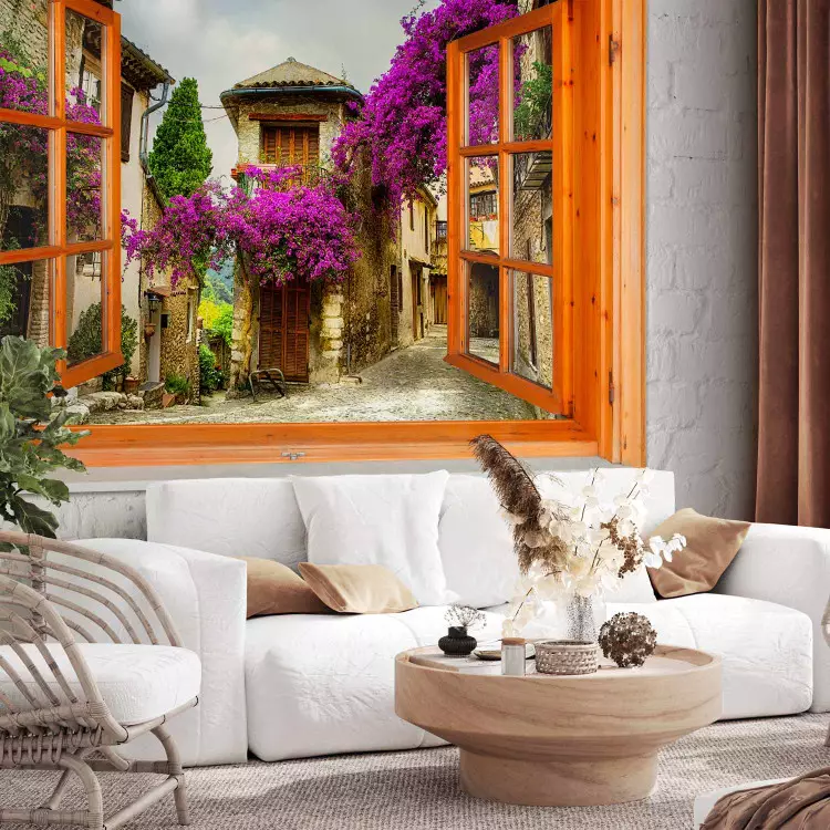 Vue de la fenêtre - un paysage toscan pittoresque sur un fond de briques blanches 