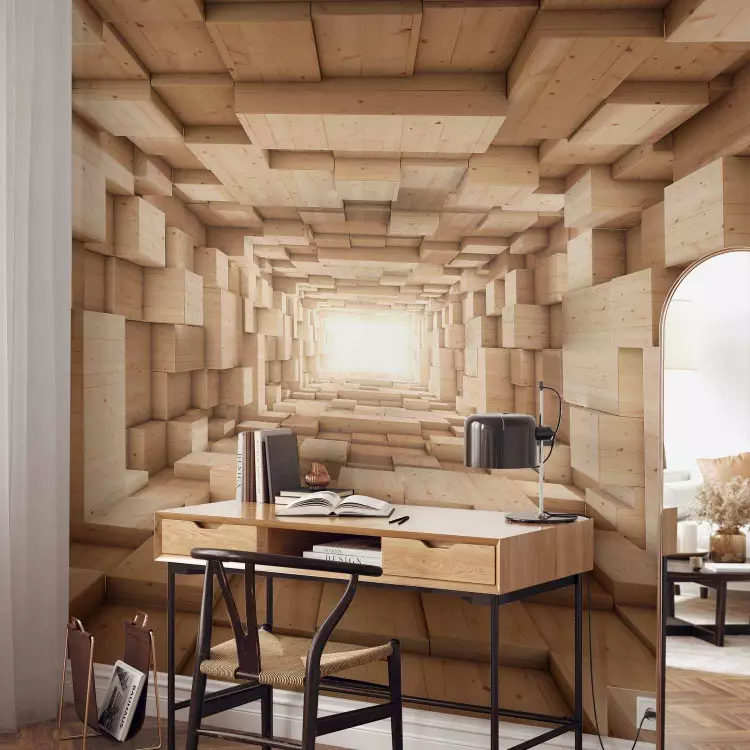 Des cubes en bois II - une abstraction moderne d'un tunnel composé des formes géométriques avec le dessin imitation bois sur le fond marron