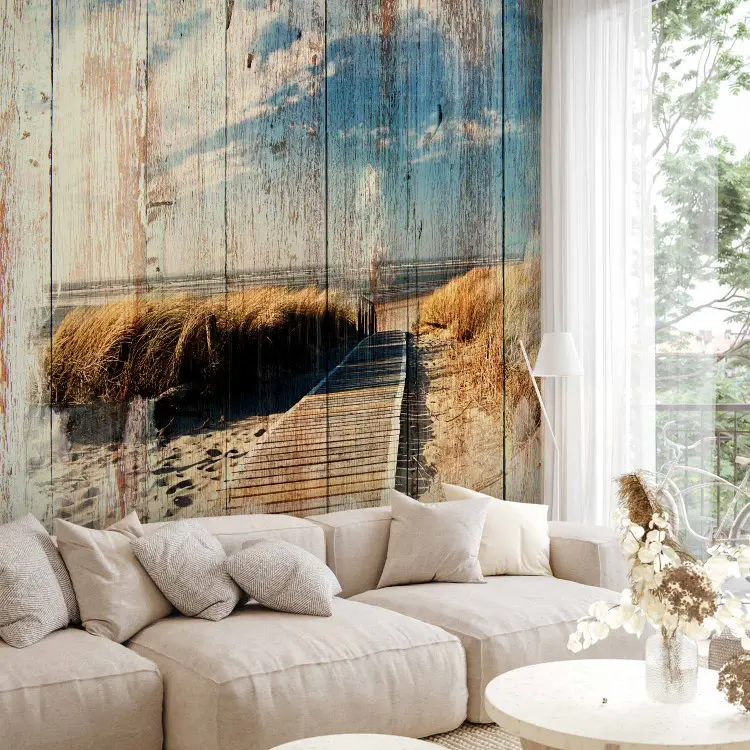Paysage d'été - motif délicat de plage et de mer à la texture du bois