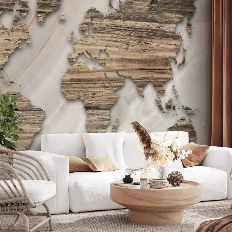 Carte en marbre - contours des continents avec texture de bois