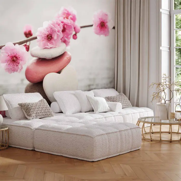 Papier peint design Fleurs et galets zen - bimago.fr
