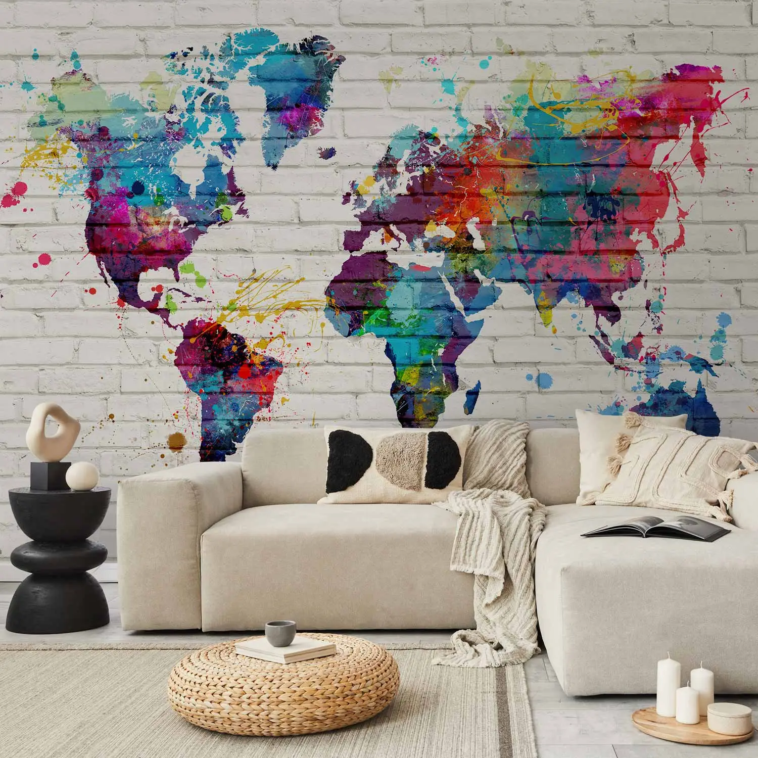 Tapisserie Murale Carte Du Monde Style Rustique Brique - Tissu Art Print - Neuf