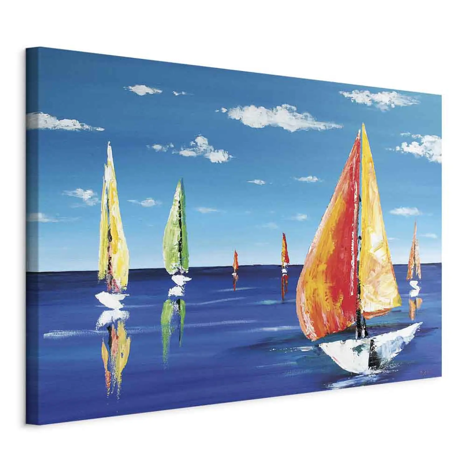 Tableau Voiliers Bord De Mer Sur Toile 120x80 Cm - Déco Nautique Orange Et Pastel