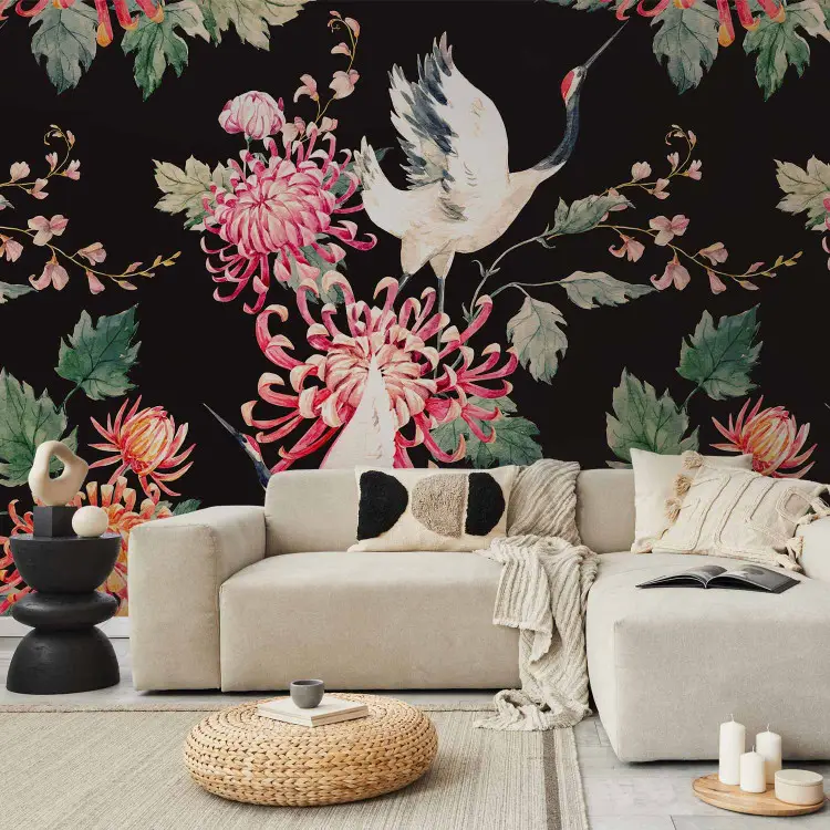 Pays de la liberté - oiseaux et fleurs colorées sur fond noir