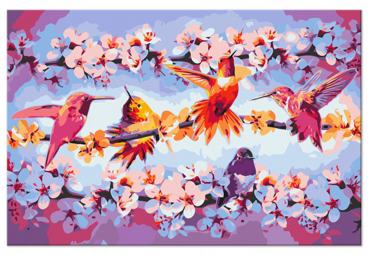 Tableau à peindre soi-même Chirping - Colorful Hummingbirds and Purple Flowering Twigs 144610 additionalImage 3