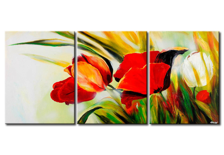 Tableau Cachées (3 pièces) - Nature avec des fleurs rouges sur fond clair 48690
