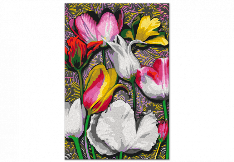 Tableau à peindre soi-même Expressive Tulips - White, Pink and Yellow Flowers on an Ornamental Background 144521 additionalImage 3