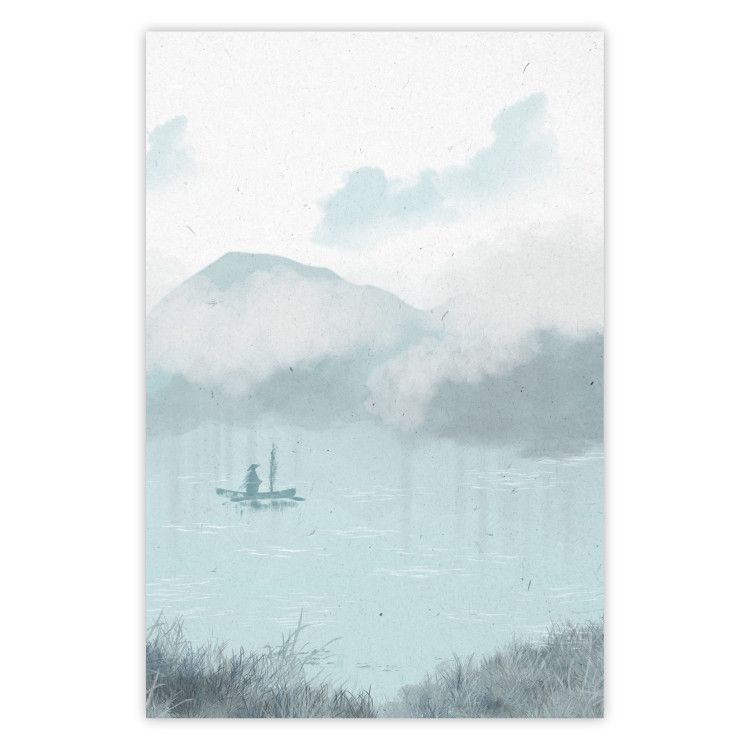 Affiche déco Fishing in the Morning - Small Boat Against the Background of Misty Mountains 146132