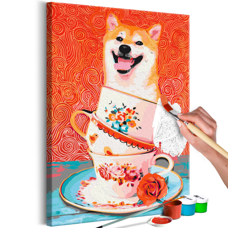Numéro d'art Cheerful Dog - Laughing Shiba and Teacups on a Red Background 144524 additionalImage 3