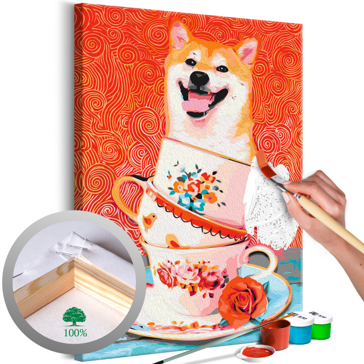 Numéro d'art Cheerful Dog - Laughing Shiba and Teacups on a Red Background 144524