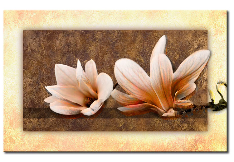 Tableau tendance Nature de magnolia (1 pièce) - Fleurs claires sur fond brun 48474