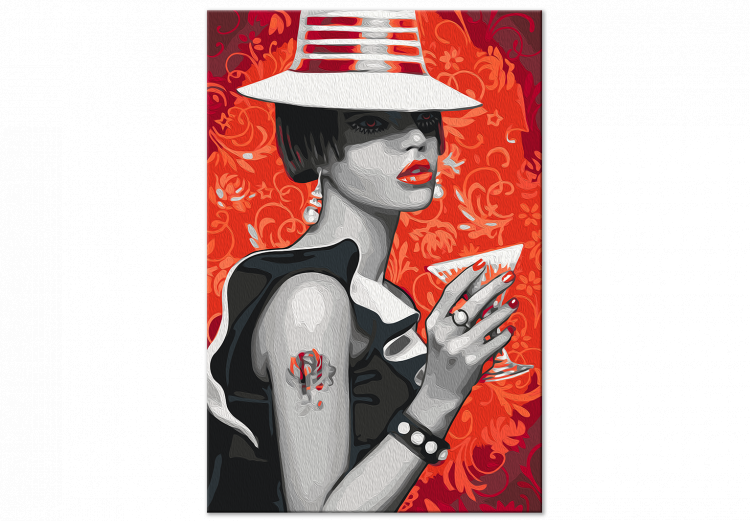 Tableau peinture par numéros Gangster Girl - Woman With a Hat and a Drink on a Red Background 144135 additionalImage 6