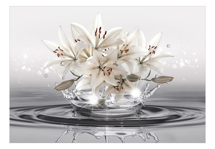 Papier peint original Lilies - Bright Cream Flowers on a Decorative White Background in the Water 148796 additionalImage 1