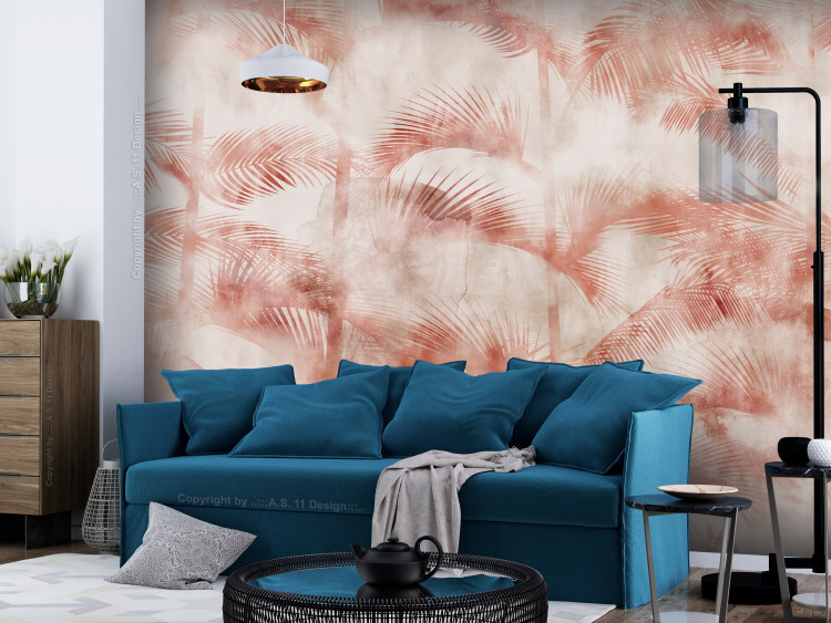 Papier peint moderne Palmiers dans la brume - palmiers tropicaux roses sur fond crème 144037