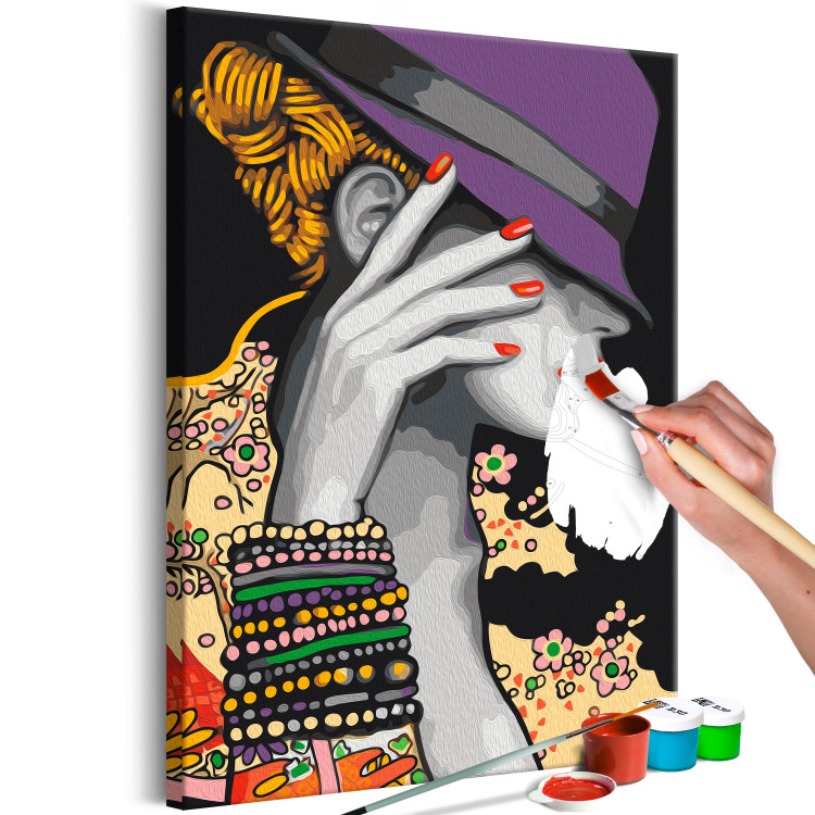 Peinture par numéros Japanese Elegance - Woman in a Purple Hat and a Colorful Shirt 144137 additionalImage 4
