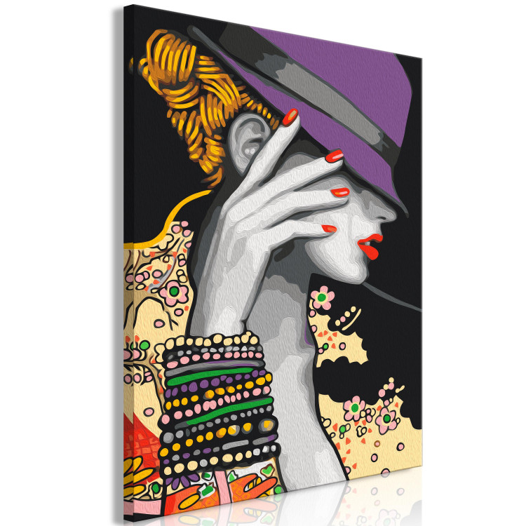 Peinture par numéros Japanese Elegance - Woman in a Purple Hat and a Colorful Shirt 144137 additionalImage 3