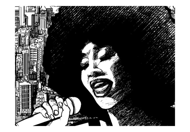 Papier peint Chanteuse de jazz - femme en noir et blanc chantant sur fond de ville 61118 additionalImage 1